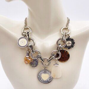 Axelle Creation Boho Charm Necklace Silver Tone Mixed Charms Mandala Love Heart